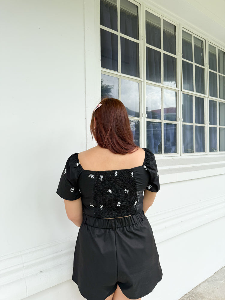Molly Ribbon Embroidery Crop Top ( Black)