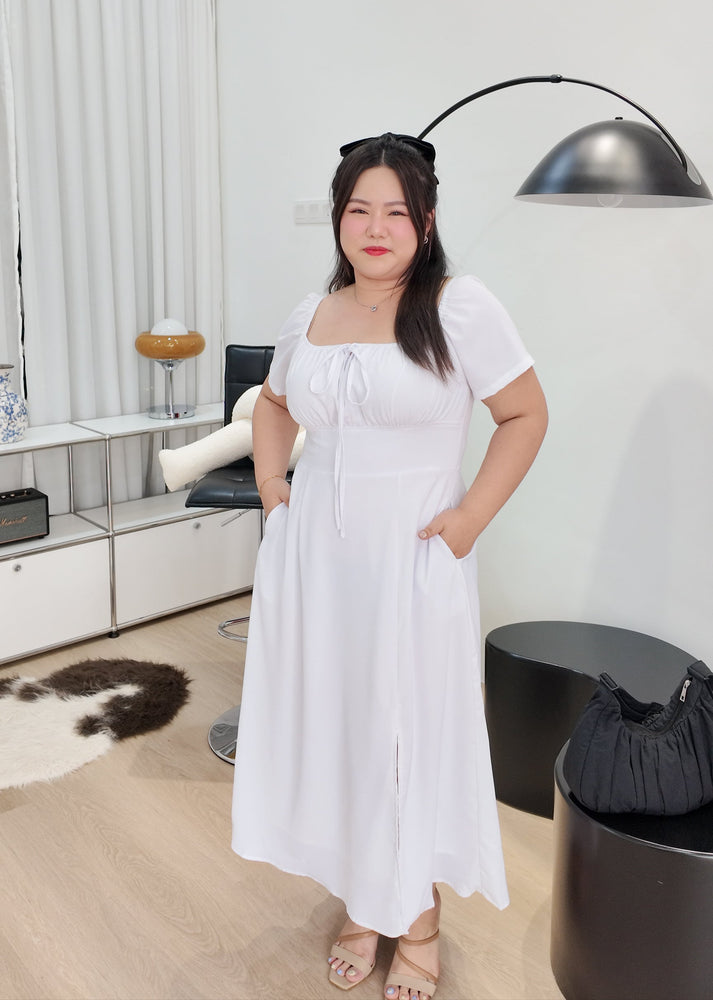 Jolyn Ribbon Front Midi Dress (White)